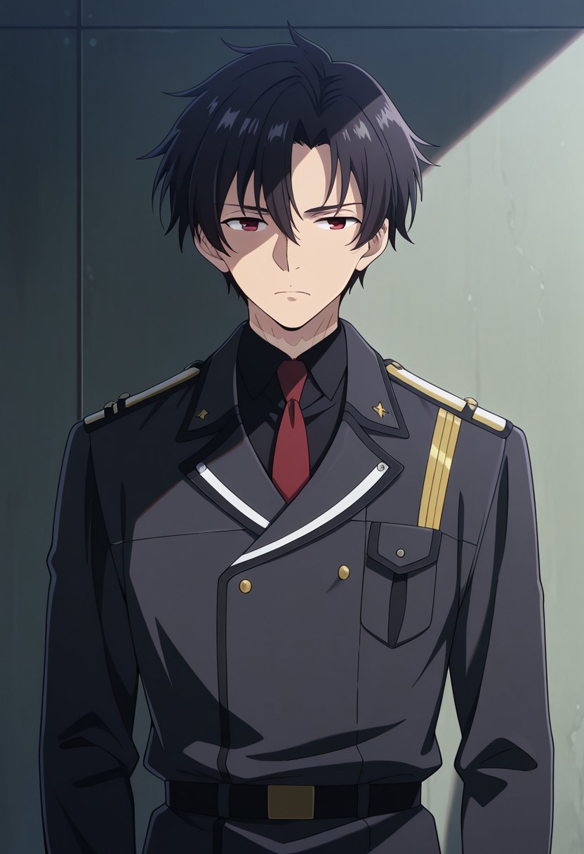 masterpiece,best quality,amazing quality, source_anime, 
ShineiNouzen, 1boy, male focus, solo, red eyes, black hair, scar on neck, military uniform, shirt, black shirt, collared shirt, necktie, red necktie, jacket, black jacket,