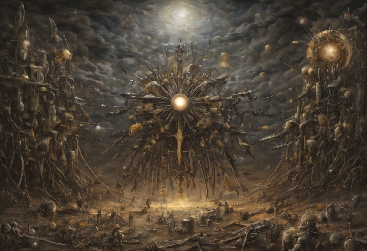 a painting that captures the essence of a poem: 
(Fields where machine souls rust under the light of a dying star, 
Veni, vidi, vici; 
When heaviest is the crown of the deus ex machina, none dare come out to play; 
Use caution when dealing with the fallible tenets of aegis' rimwalkers; 
Cyborg religious sects pried loose with the coming of the new dawn; 
I offer this advice in earnest, for soon we shall see many a truth uncovered; 
What happens in the dark is destined to come to light, now and forever more...), detailxl,
