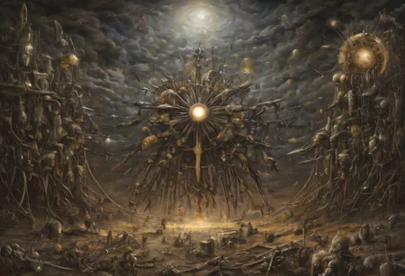 a painting that captures the essence of a poem: 
(Fields where machine souls rust under the light of a dying star, 
Veni, vidi, vici; 
When heaviest is the crown of the deus ex machina, none dare come out to play; 
Use caution when dealing with the fallible tenets of aegis' rimwalkers; 
Cyborg religious sects pried loose with the coming of the new dawn; 
I offer this advice in earnest, for soon we shall see many a truth uncovered; 
What happens in the dark is destined to come to light, now and forever more...), detailxl,