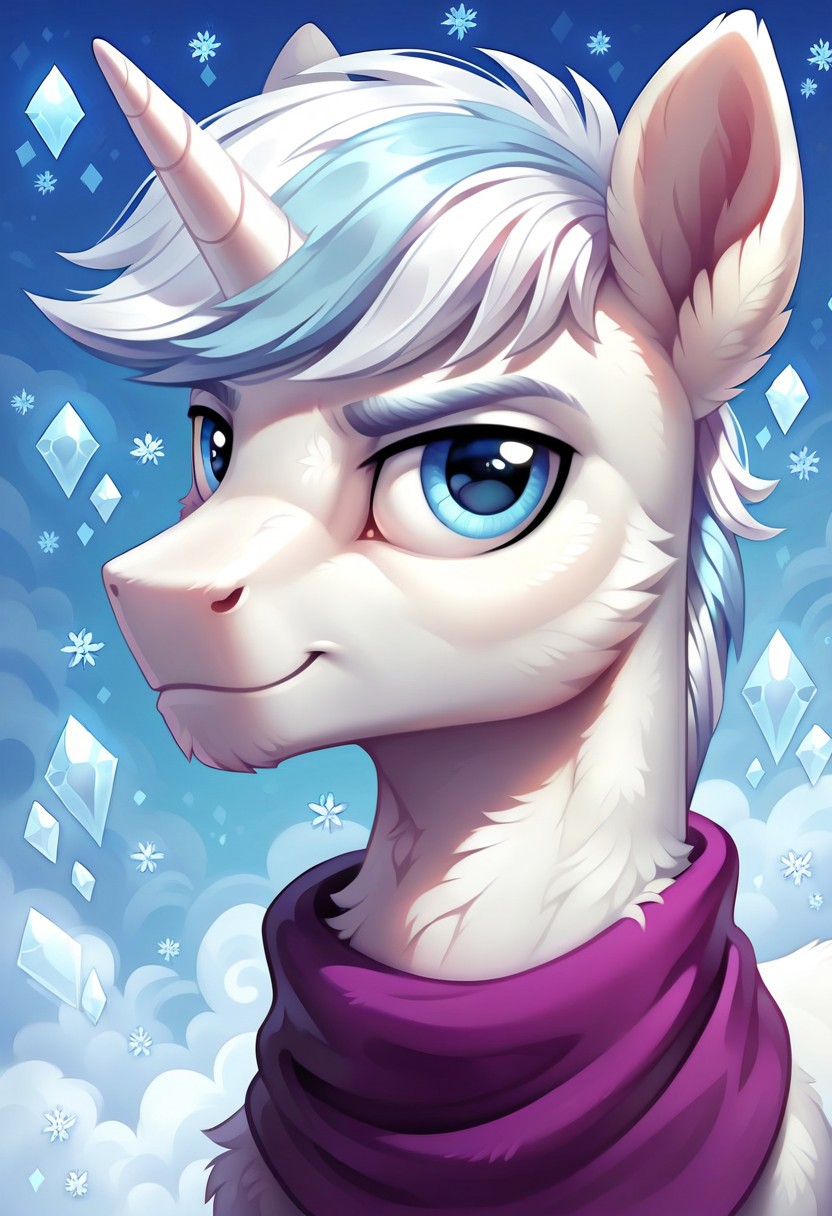 score_9, score_8_up, score_7_up, score_6_up, score_5_up, score_4_up, my little pony, ((feral pony)), ((double diamond)), 1MAN, ((solo)), (sexy), beautiful, detailed, (detailed handsome pony face), detailed blue eyes, ((detailed pure white fur:1.9)), muscular stallion:1.5, beautiful, vector, (beautiful feral unicorn pony), (beautiful white hair), (light blue crystal background:1.5), (looking at you), (calm expression), snowflakes, snowing, purple scarf
