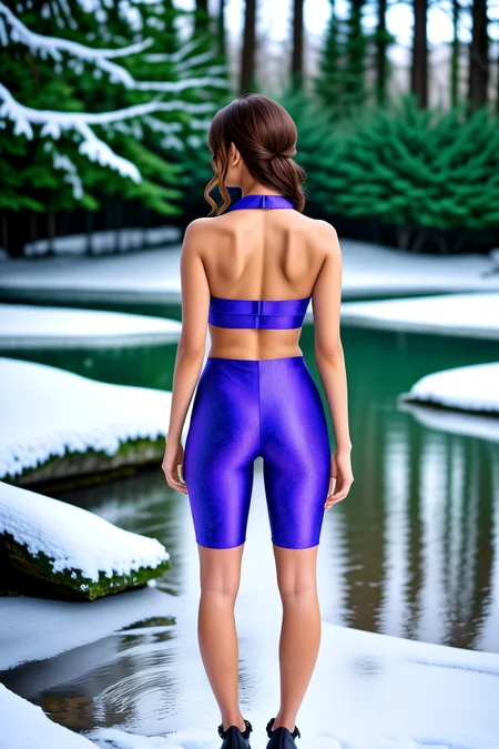 <lora:LCM_LoRA_Weights_SD15:1>,A 25yo old Woman philippine, fair skin,(wears a create powerful and varying colors patterns Brown, Rose, and Black,bike shorts,b1k3r5h0rt5,navel, (Bowtie neck top with a floral print.),shoes),<lora:b1k3r5h0rt5-v3:0.7>,action Frozen Pond Area, Serene pond covered in a blanket of snow, tall evergreen trees surrounding the perimeter, icy sculptures dotting the landscape, delicate icicles hanging from branches, and the occasional glimpse of wildlife tracks in the powdery snow,Resting against a rock or wall one leg bent gazing into the distance with a sense of purpose,(full body:1.4),(full shot:1.4),(full body shot:1.4),(from behind,from_back:1.2),,, (highly detailed skin with hairs:1.1),(detailed skin:1.1),detailed face,(detailed eyes:1.1),very high intricate detailing,sharp focus,Masterpiece,best quality,photo,realistic,very aesthetic,