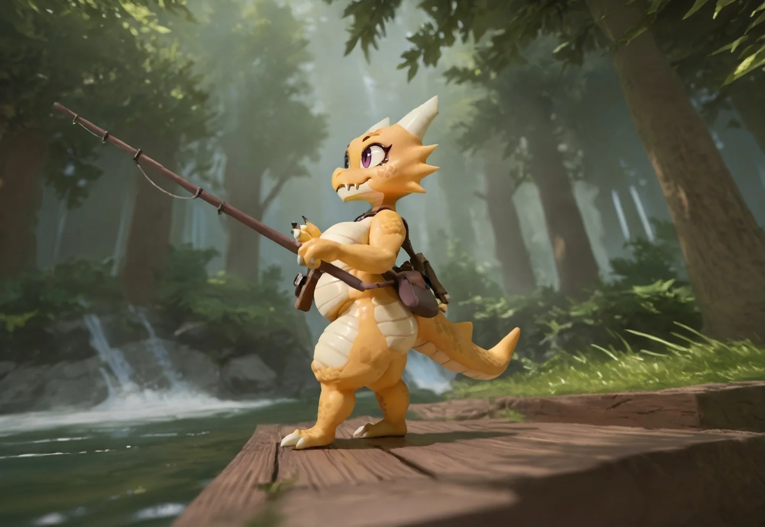 safe_pos, source_furry, score_9, score_8_up, score_7_up, scalie, kobold, dragon, yellow scales, thick thighs, shortstack, happy, flowy clothing, fishing rod, skipping, big smile, cute fang, walking pose, overjoyed, holding fishing rod, crossing bridge, side view, forest, crossing over stream, crossing over small stream, bright environment, atlyssstyle, low poly, solo, 1female, large breasts, thick tail, thick reptile tail, low camera angle, full body, atlyssstyle, low poly