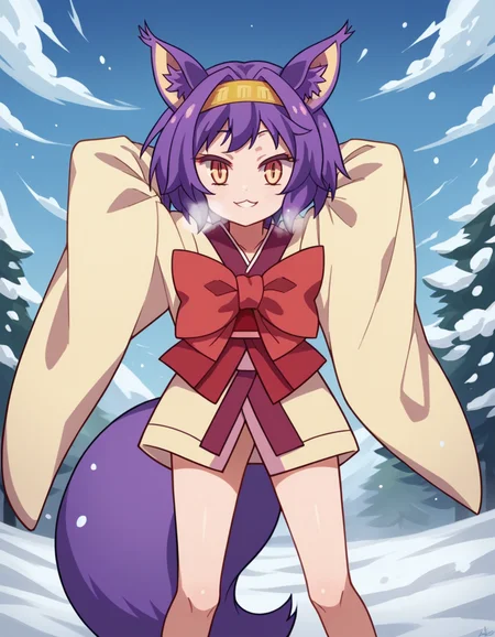 score_9, score_8_up, score_7_up, source_anime, <lora:izuna-hatsuse-s1-ponyxl-lora-nochekaiser:1>, izuna hatsuse, short hair, animal ears, purple hair, hairband, animal ear fluff, fox ears, slit pupils, yellow eyes,, bow, tail, japanese clothes, wide sleeves, kimono, fox tail, short kimono,, snow day, winter clothes, snowball fight, laughter, cold breath, white landscape, , looking at viewer, hands behind head, smile,, solo,, cowboy shot, dutch angle