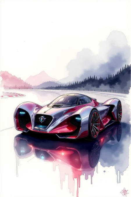 <lora:Vibrant_watercolor_v.21:0.80> A watercolor illustration featuring A sydme1 painting. SPCCRFT style. A futuristic race car concept, depicted in a dynamic perspective, showcasing fluid aerodynamic curves and aggressive styling. The design is rendered in a vibrant watercolor technique, with smooth gradients and translucent washes of color enhancing the form. The body is enveloped in a sleek combination of deep crimson reds and cool metallic grays, with subtle reflections that capture the interplay of light across its contoured surfaces. The cockpit features soft washes of warm hues, creating an inviting contrast against the bold, angular framework that surrounds it. The vehicleâs chassis is accentuated with precise ink-like outlines, lending a technical yet artistic feel to the composition. Fluid brushstrokes define the intricate mechanical components, from the reinforced wheel arches to the high-performance propulsion system at the rear, where bursts of soft diffused color suggest heat and motion. Accents of glowing cyan headlights and streamlined vents are delicately applied with subtle transparency, allowing the underlying textures to show through. The wheels, partially enclosed within aerodynamic housings, feature gradients that imply speed and motion, blending into the surrounding atmosphere with soft watercolor bleeds. The background is left minimal with gentle gray washes, allowing the car to dominate the scene while suggesting an environment of high-speed circuits and futuristic landscapes. Fine details, such as technical markings and performance indicators, are integrated seamlessly within the design, adding an additional layer of realism and functionality to the artistic vision.