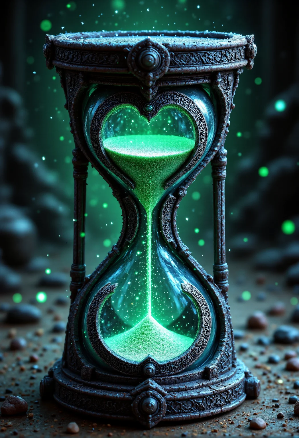 A colossal hourglass with shimmering sands of silver and emerald dust, encased in an intricately carved obsidian frame