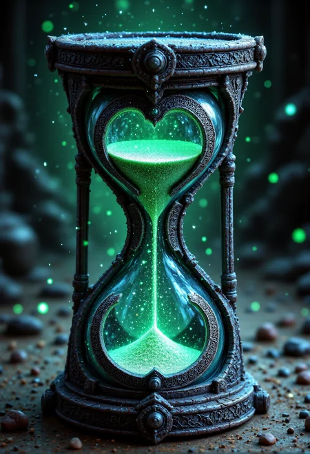A colossal hourglass with shimmering sands of silver and emerald dust, encased in an intricately carved obsidian frame