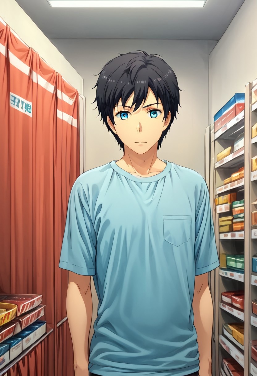 high resolution, solo, best quality, 1Boy, Arata Kaziaki, Black Hair, Blue Eyes, Shopping for clothes, fitting room, style, choice,