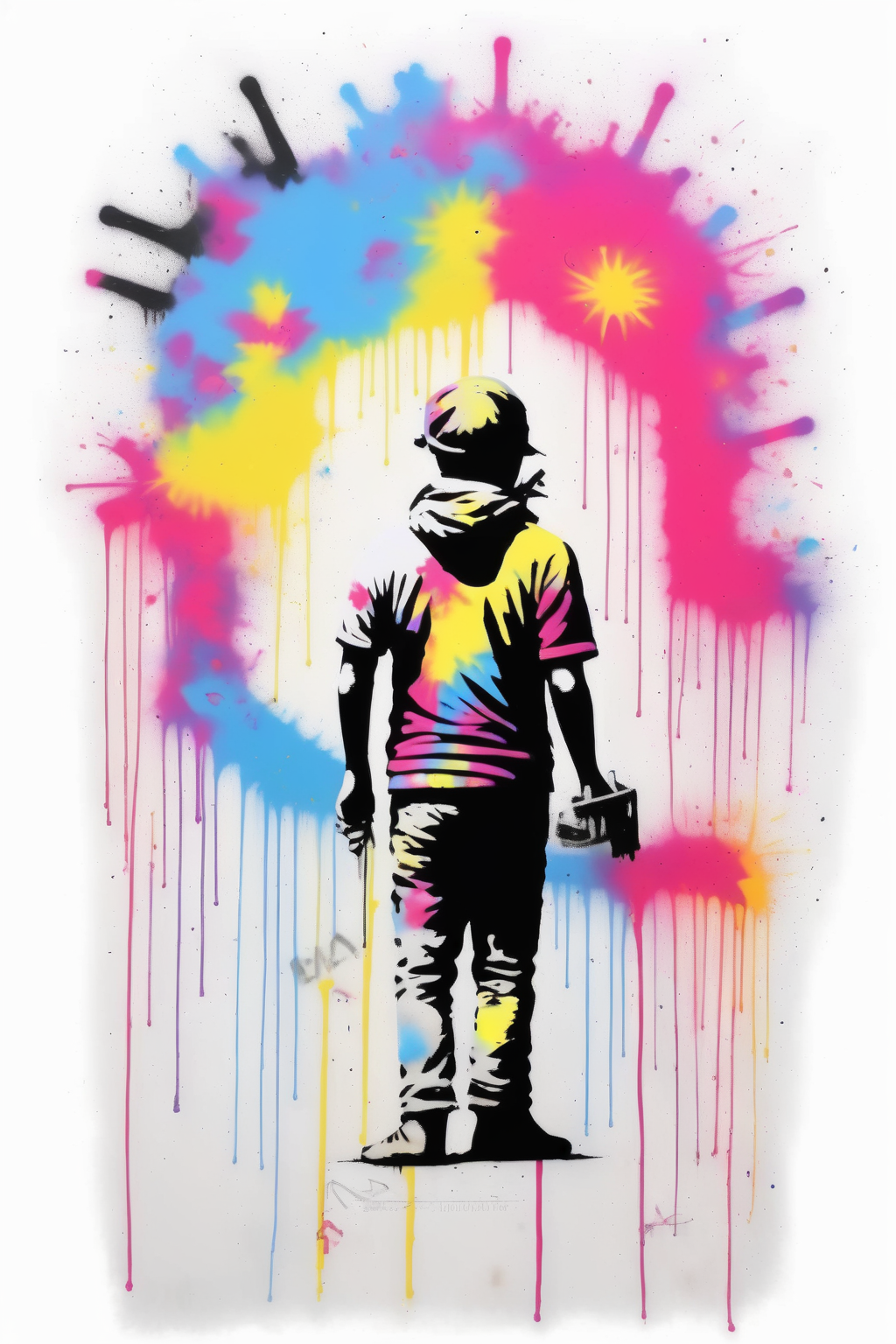 <lora:Martin Whatson Style:1>Martin Whatson Style - bansky style tye die bright neon colours graffitti on a bright white background