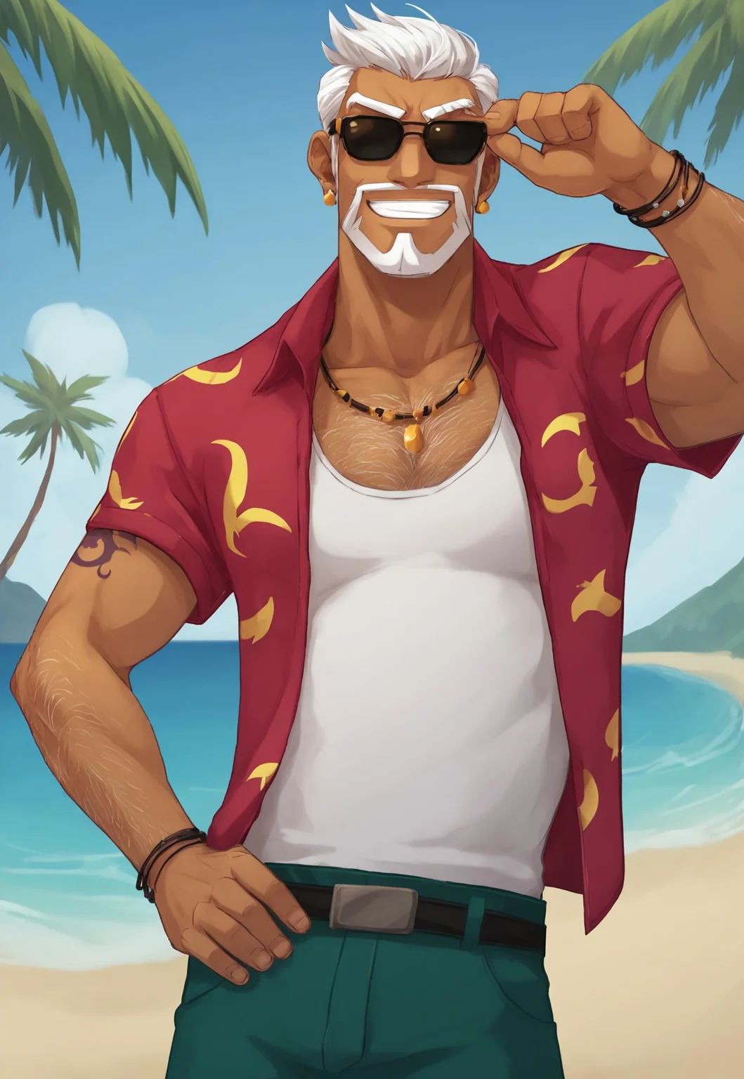 score_9, score_8_up, 1boy, CobraDTD, tan skin, red shirt with banana pattern, muscular, white tank top, earrings, white hair, facial hair, beard, necklace, sunglasses, short hair, upper arm tattoo, bracelet, looking at viewer, closed mouth, smile, upper body, beach paradise, dynamic pose, palm trees, dutch angle, adjusting sunglasses, hairy, hairy chest, green shorts, belt, one hand on hip, detailed background, cowboy shot,