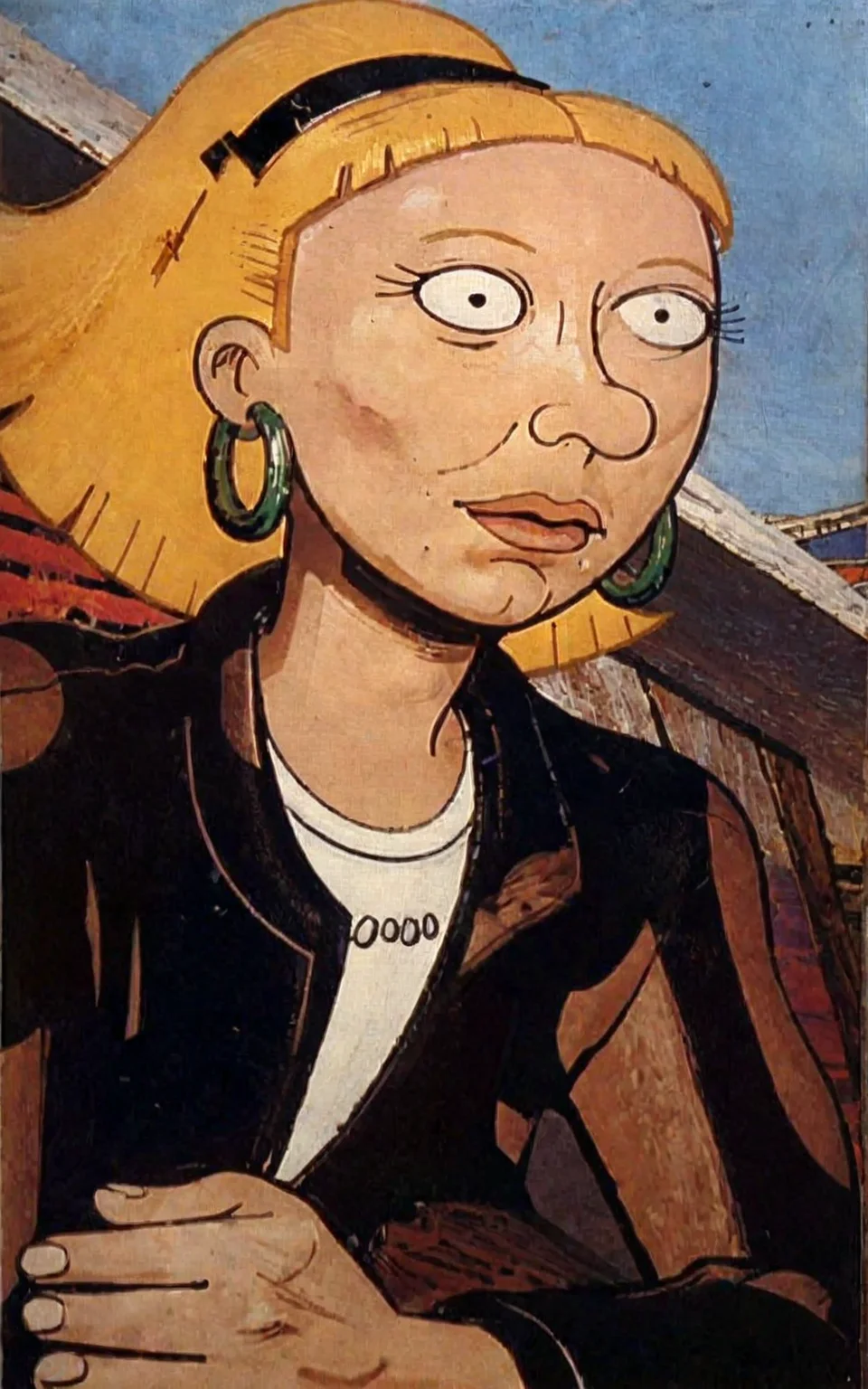 social realism \(style\),allegorical painting \(genre\) ,<lora:david-alfaro-siqueiros_pony_v1:1> ' olga pataki ' by Siqueiros David Alfaro in 1944, <lora:OlgaPony2:1> blonde hair, hoop earrings, retro artstyle, score_9, score_6_up, score_7_up