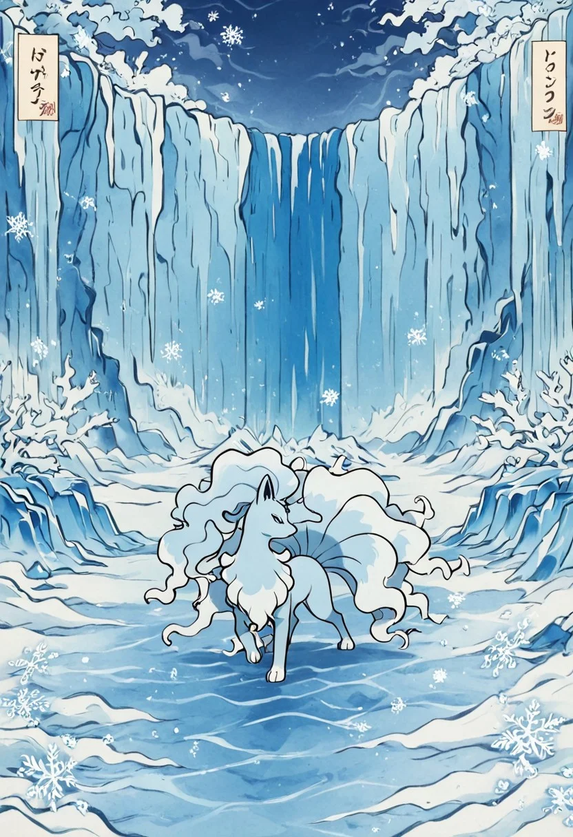 pokemon (creature), alolan ninetales, style, thick lines, outline, no humans, ice fox, frozen waterfall, delicate snowflakes, shimmering fur, ethereal beauty, blue glow, northern lights, graceful stance, solo, arctic breeze, icy landscape