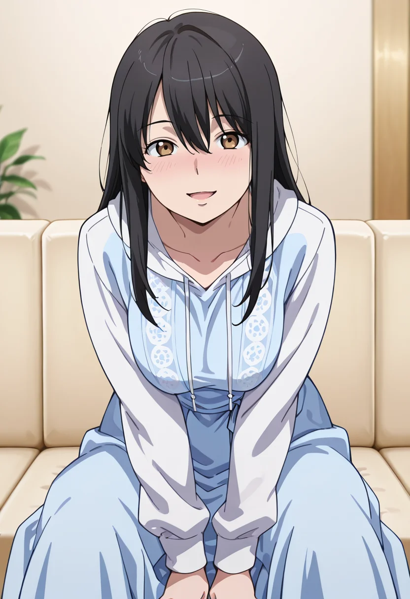masterpiece, best quality, amazing quality, very aesthetic, absurdres, newest, illustration, perfect composition, intricate details, highres, anime coloring, 1girl, solo, yukiww, mature female, brown eyes, black hair, long hair, bangs, hair between eyes, hoodie, hood, hood down, light blue long dress, <lora:Kaizuka_Yuki_Aldnoah_Zero_ill_v1.1:1>, (front view), leaning forward, sitting, v arms, arms between legs, indoors, spread legs, wide spread legs, living room, on couch, couch, looking at viewer, light smile, open mouth, nose blush, shiny body, shiny skin, skindentation, clear skin, shiny hair, ultra detailed eyes, depth of field, sharp, intricate details, hyperdetailed, ultra-detailed, detailed clothing folds, high contrast, dynamic light