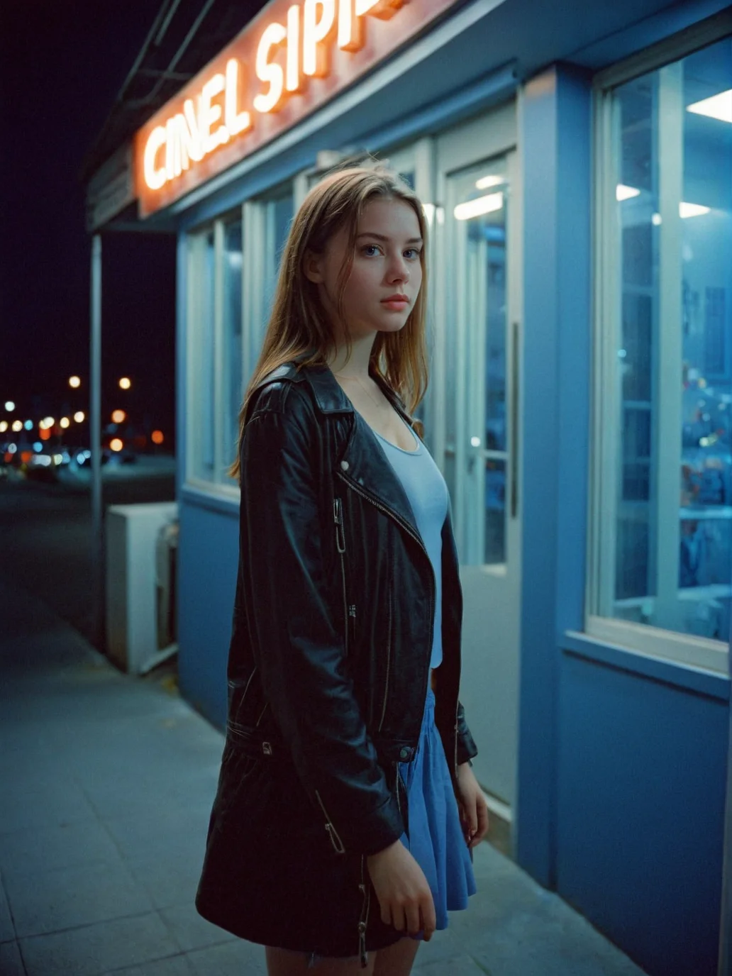 film photo, solo, 1girl, blue hour, night, cinestill 800t, artificial light, <lora:Cinestill 800T_epoch_4:0.9>