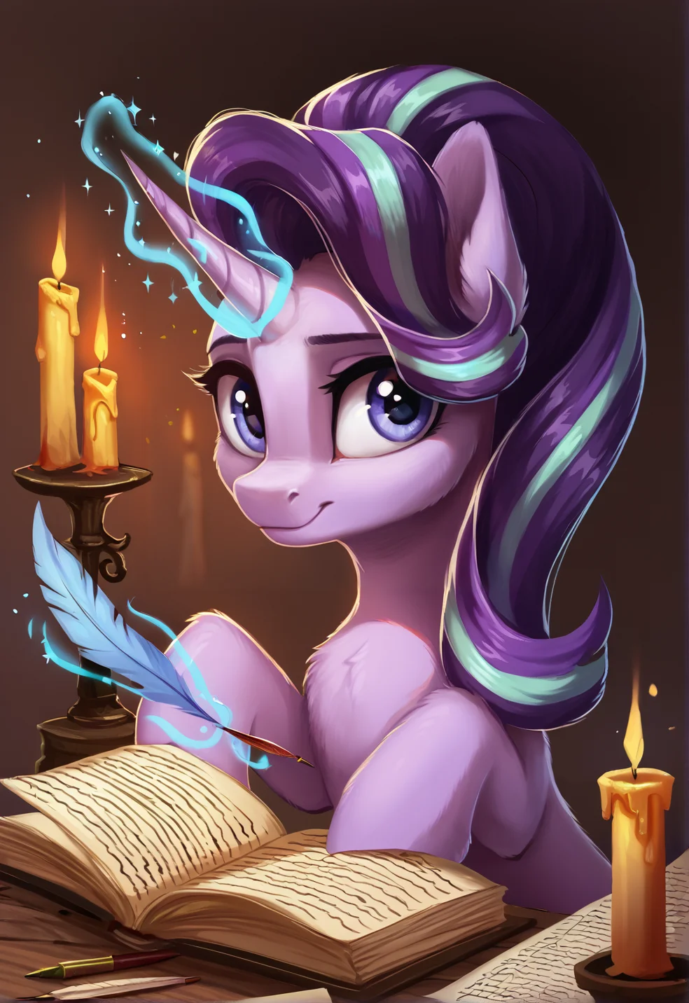 score_9, score_8_up, score_7_up, score_6_up, score_5_up, score_4_up, rating_safe, starlight glimmer, purple skin, purple body, female, mare, pony, solo, unicorn, beautiful, book, candle, cute, feather, fluffy, high res, horn, ink, levitation, looking at you, magic, pen, quill, romantic, telekinesis, sweet dreams fuel, glimmerbetes, curved horn, every little thing she does, g4, detailed, beautiful, <lora:Wholesome-MLP-v1.4b:1>