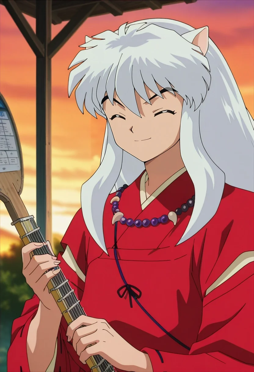 masterpiece, best quality, , anime screencap, , , , depth of field, 1boy, solo, male focus, <lora:inuyasha_ilxl:1>, inuyasha, white hair, yellow eyes, animal ears, dog ears, long hair, necklace, jewelry, , red kimono, , upper body, bus stop, dusk, holding instrument, (closed eyes:1.2), smile, superman costume