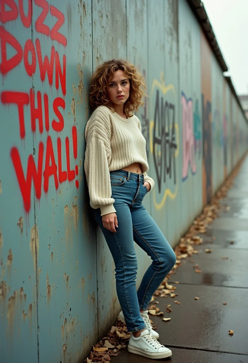 A candid, photorealistic image from 1989 of a busty young woman leaning casually against the Berlin Wall. The wall is covered in vibrant graffiti, and prominently next to her is a spray-painted message that reads: 'BUZZ down this wall!' in bold, uneven letters. The woman is dressed in tight but modest 1980s fashion: high-waisted jeans, a tucked-in fitted sweater, and classic white sneakers. Her hair is styled in a typical 1980s look, with voluminous curls and a slightly teased crown. The photo has an authentic analog feel, shot on a vintage 35mm film camera like the Canon AE-1, using Kodak Gold 200 film. The lighting is natural, with soft, diffused sunlight typical of an overcast day, casting a muted glow over the scene. Slight film grain, subtle color shifts, and light lens flares enhance the nostalgic atmosphere. The background includes other sections of graffiti-covered wall and a glimpse of the cityscape, capturing the tension and energy of Berlin in 1989."
