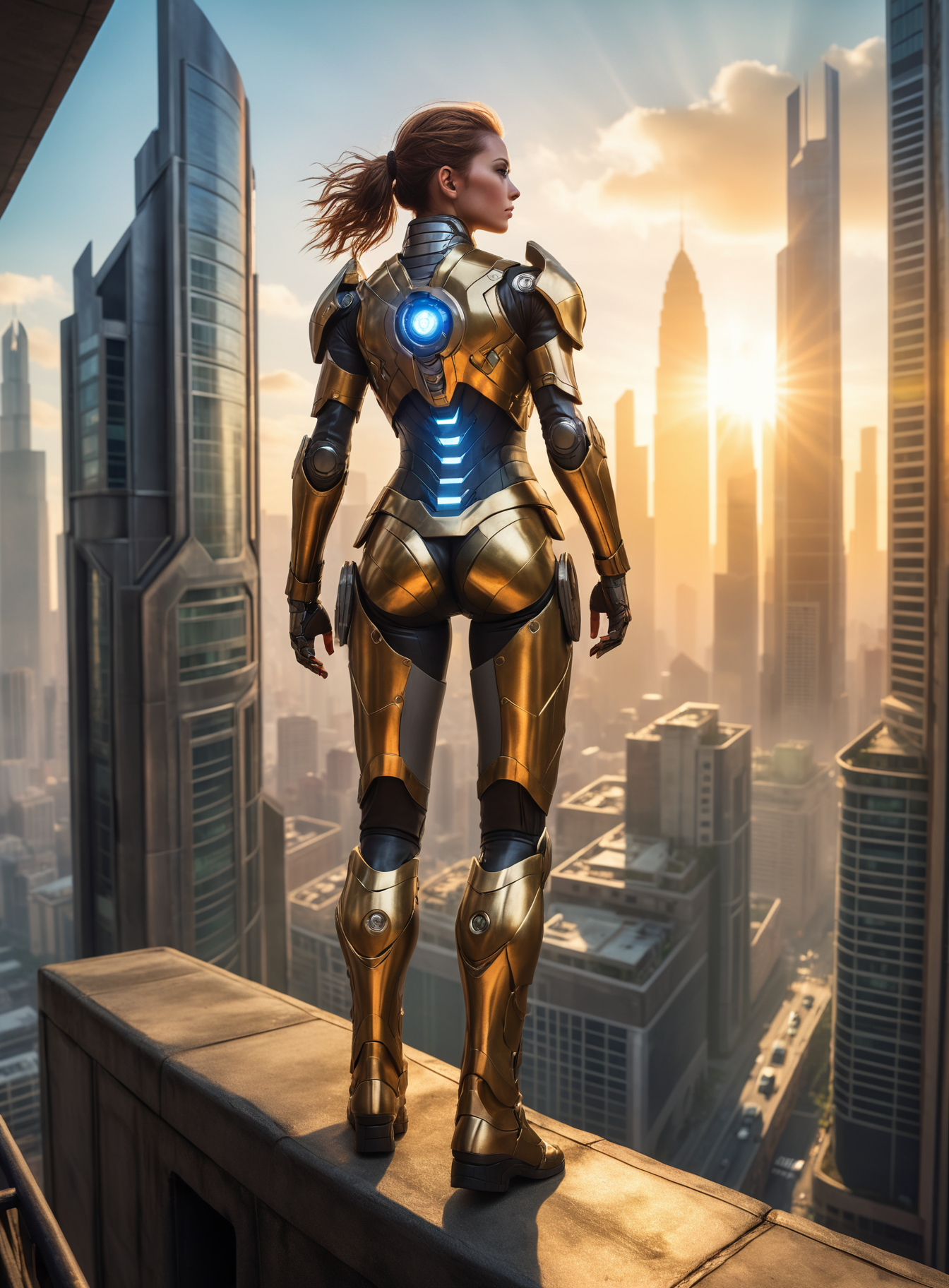 An epic scene unfolds as the sun sets upon the horizon. In front of you lies a sprawling metropolis teeming with life. Skyscrapers stretch towards the sky, their towering presence casting long shadows across the streets below. As the sun dips below the horizon, its golden rays illuminate the bustling urban jungle, casting a warm glow on the cityscape above.
Amidst the chaos, a  woman clad in cybernetic armor stands tall, surrounded by her loyal group of cybernetically enhanced allies. They march towards the city gates, determined to reclaim their homeland from the oppressive regime that has taken control.