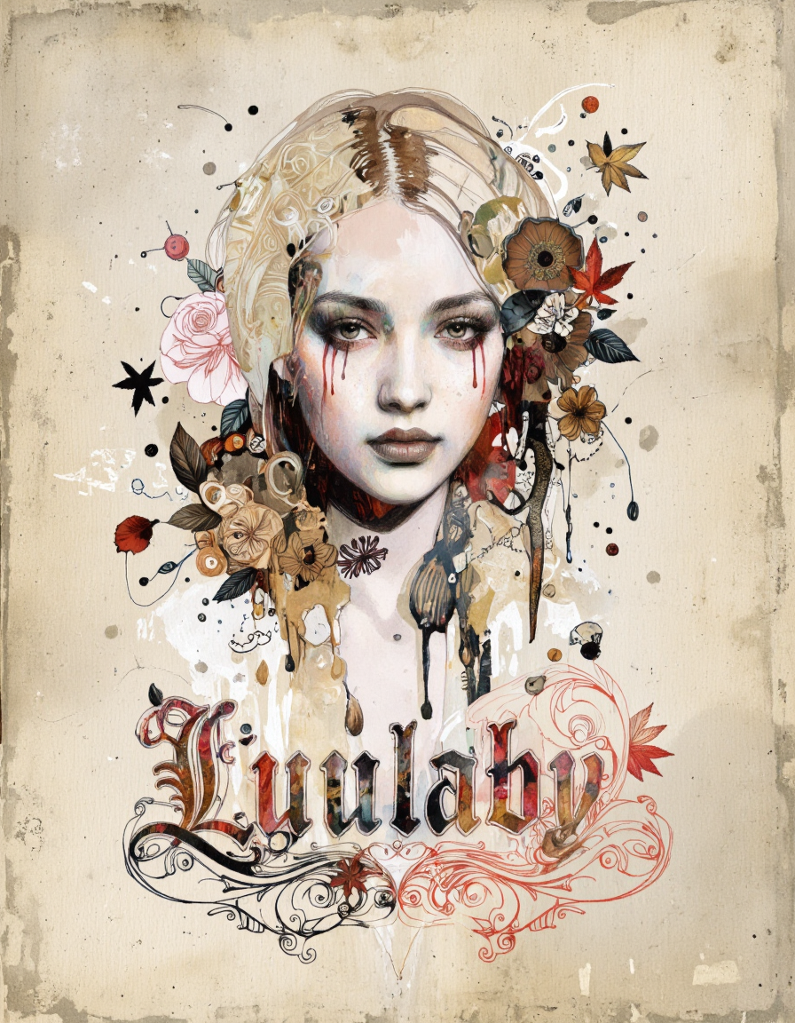By Raphael Vicenzi. The image is a digitally created artwork featuring a stylized portrait of a woman with a melancholic expression. The woman's face is depicted in a semi-transparent, layered manner, with intricate patterns and textures overlaying her features. Her hair is drawn in a flowing, abstract style, blending into the background with a mix of colors including beige, brown, and light pink. 
The background is a textured, beige canvas with subtle watercolor effects, giving it a vintage, aged look. Various elements such as leaves, flowers, and abstract shapes are scattered throughout the background, adding depth and complexity. 
The woman's eyes are drawn in a detailed, almost realistic style, with a hint of sadness and vulnerability. Her lips are painted in a deep red, contrasting with the lighter tones of her face. Tears are depicted as droplets cascading down her cheeks, adding to the emotional impact of the piece. 
In the lower part of the image, the word "Lullaby" is written in a stylized, ornate font in shades of red, brown, and black, blending seamlessly with the background. The overall style of the artwork combines elements of surrealism, digital art, and watercolor painting, creating a visually rich and emotionally evocative piece. <lora:Raphael_Vicenzi:0.8>