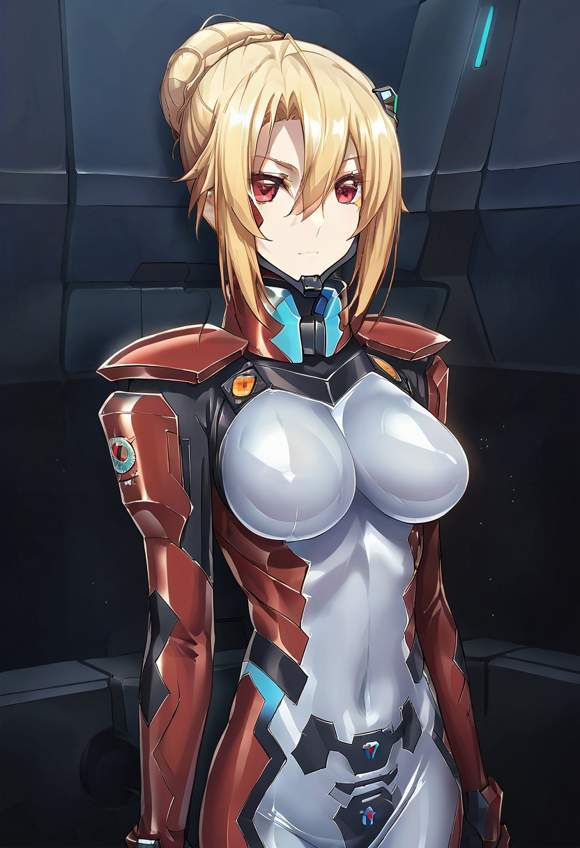 score_9, score_8_up, score_7_up, source_anime, angelica, blonde hair, single hair bun, red eyes, bluetype99fortifiedsuit, (red fortified suit), pilot suit, (red armored bodysuit), impossible bodysuit, skin tight, (red bodysuit), shiny clothes, chin guard, headgear, looking at viewer, solo, large breasts,