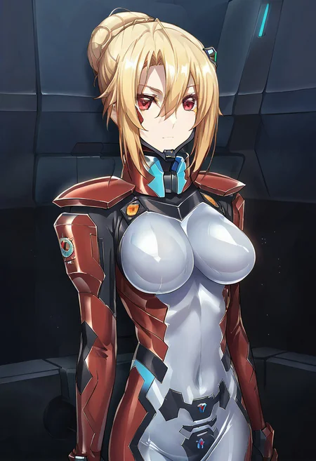 score_9, score_8_up, score_7_up, source_anime, angelica, blonde hair, single hair bun, red eyes, bluetype99fortifiedsuit, (red fortified suit), pilot suit, (red armored bodysuit), impossible bodysuit, skin tight, (red bodysuit), shiny clothes, chin guard, headgear, looking at viewer, solo, large breasts,