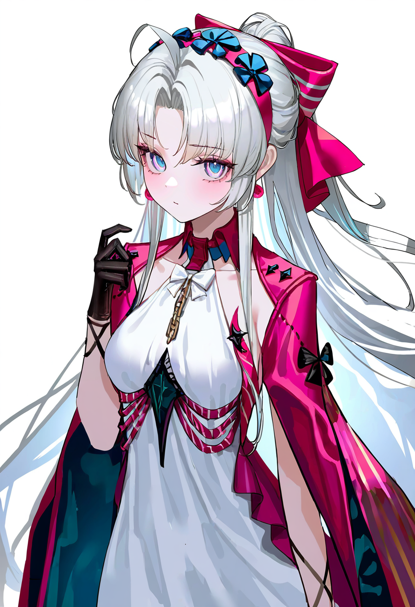 1girl,carlotta_\(wuthering_waves\),gloves,solo,long hair,bow,black gloves,hair bow,blue eyes,pink bow,jewelry,earrings,breasts,ahoge,hand up,ponytail,pink jacket,white bow,parted bangs,white hair,chain,white dress,black bow,two-tone bow,medium breasts,sidelocks,hairband,collarbone,
white background,
(artist:reoen:0.826446),artist:machi,(artist:ningen_mame:0.9),(artist:sho_(sho_lwlw):0.9),(artist:rhasta:0.9),(artist:wlop:0.7),(artist:ke-ta:0.6),(fkey:0.5),(tianliang duohe fangdongye:0.5),(hiten \(hitenkei\):0.6),best quality,amazing quality,(artist:onineko:0.826446),very aesthetic,
masterpiece,best quality,very aesthetic,highres,absurdres,
<lora:carlotta_NoobVpred10:1>,