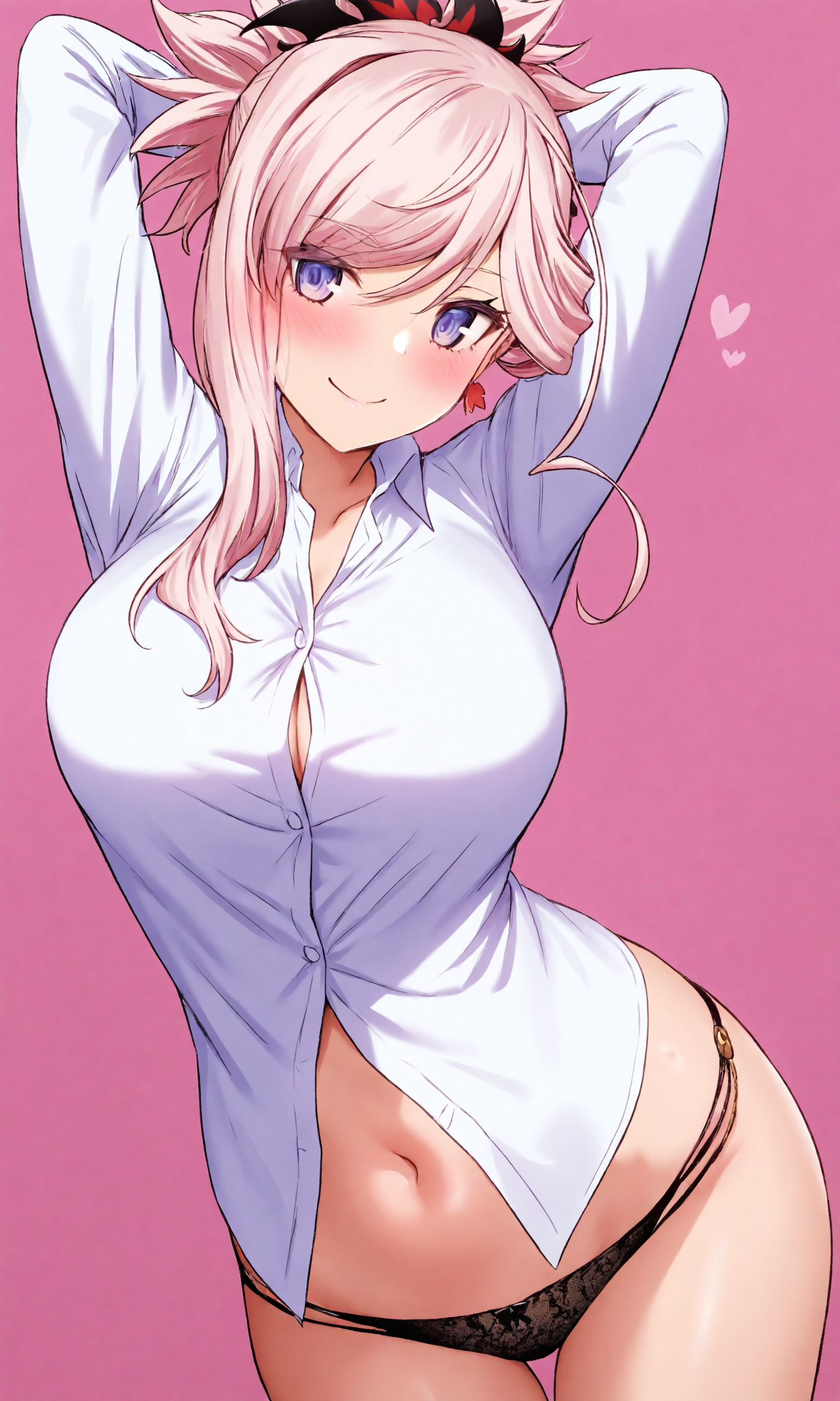 masterpiece, best quality, high resolution, absurdres, 1girls, mdstyle, miyamoto_musashi_(fate), large_breasts, dutch_angle, head_tilt, looking_at_viewer, arms_behind_head, arms_up, happy, collared_shirt, white_shirt, black_panties, no_pants, open_shirt, blush, pink_background, long_sleeves, navel,
