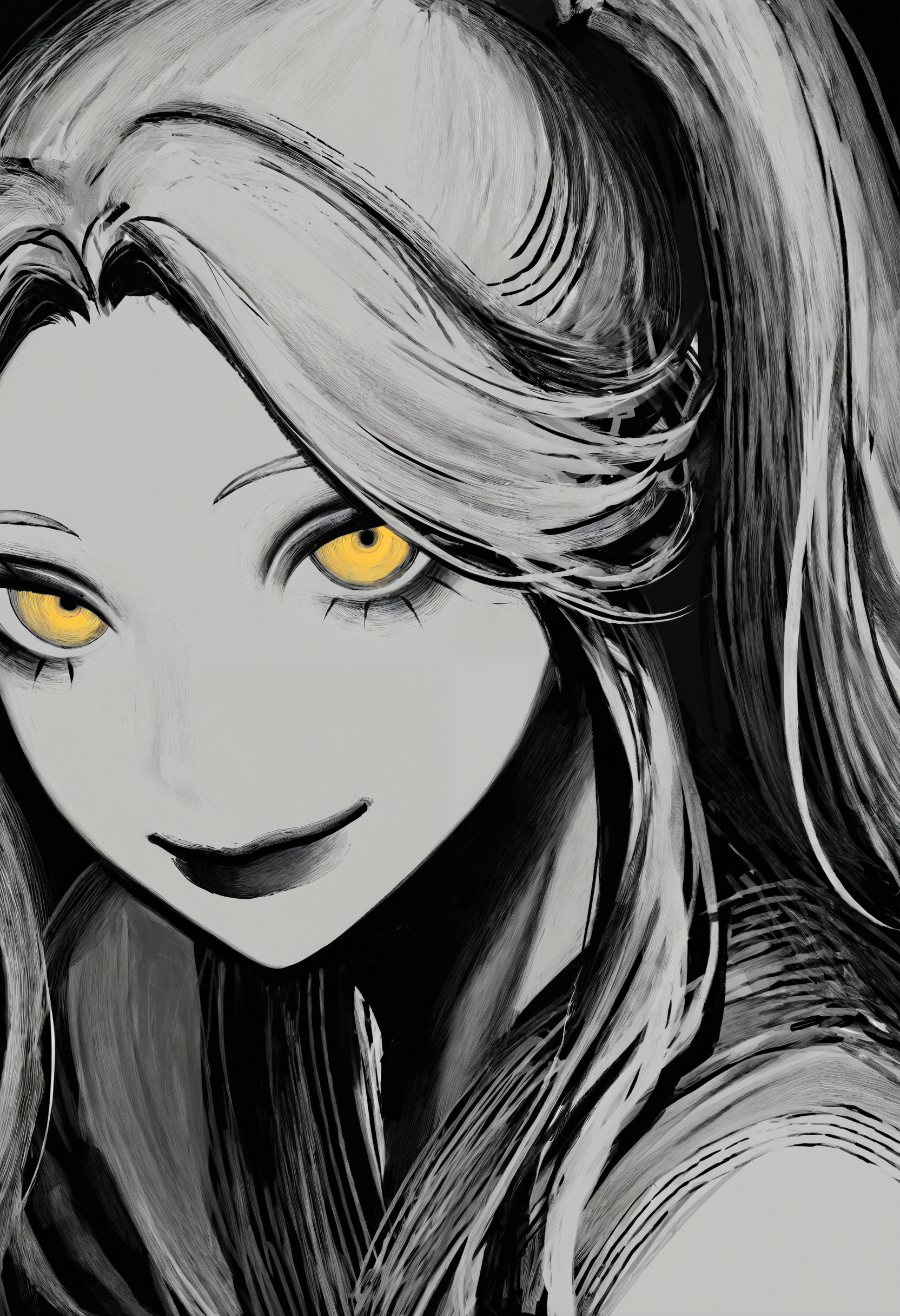 <lora:TnhocXQ=-noobaiXLNAIXL_epsilonPred_V110_V1-CAME>, Tnho, monochrome, greyscale, solo, long hair, white hair, 1girl, black background, red lips, smile, looking at viewer, portrait, closed mouth, yellow eyes, parted bangs, makeup, robe, sidelocks, high ponytail, simple background