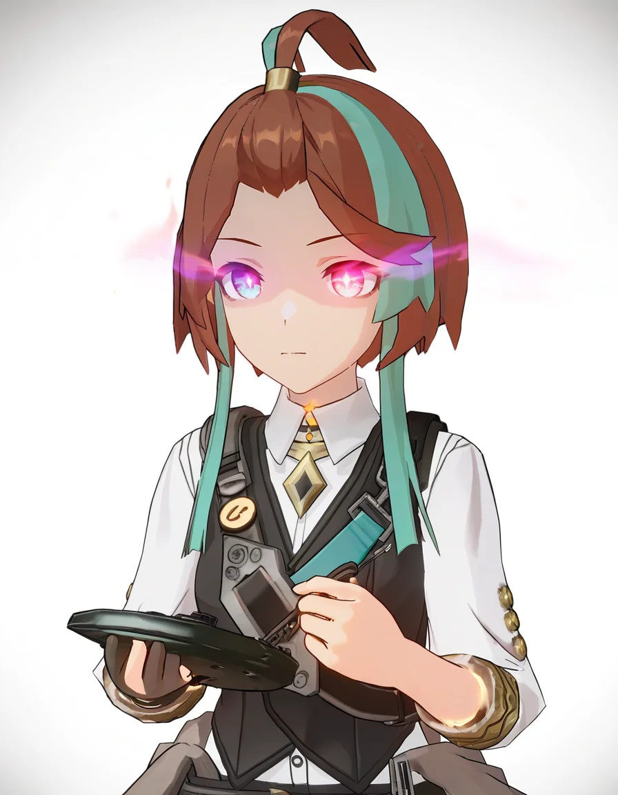 <lora:andi_noob:0.9>,3dandi,andi,1girl,solo,multicolored hair,brown hair,shirt,white background,purple eyes,glowing,holding,streaked hair,white shirt,collared shirt,simple background,heterochromia,closed mouth,glowing eye,upper body,
masterpiece,best quality,very aesthetic,absurdres,