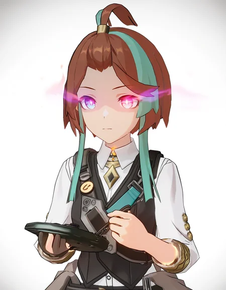 <lora:andi_noob:0.9>,3dandi,andi,1girl,solo,multicolored hair,brown hair,shirt,white background,purple eyes,glowing,holding,streaked hair,white shirt,collared shirt,simple background,heterochromia,closed mouth,glowing eye,upper body,
masterpiece,best quality,very aesthetic,absurdres,