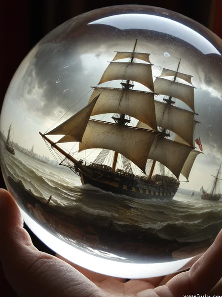 Closeup, [Sail Ship, wild sea], William Turner, London storm, inside a transparent faceted reflective plastic sphere on the palm of a hand