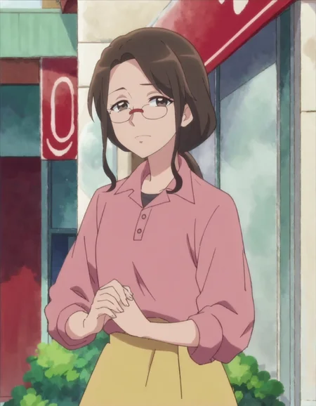 score_9, score_8_up, score_7_up, anime screencap,1girl, solo, glasses, brown hair, shirt, pink shirt, brown eyes, skirt, looking at viewer, own hands together, long hair, ponytail <lora:kusakaorie:0.8>