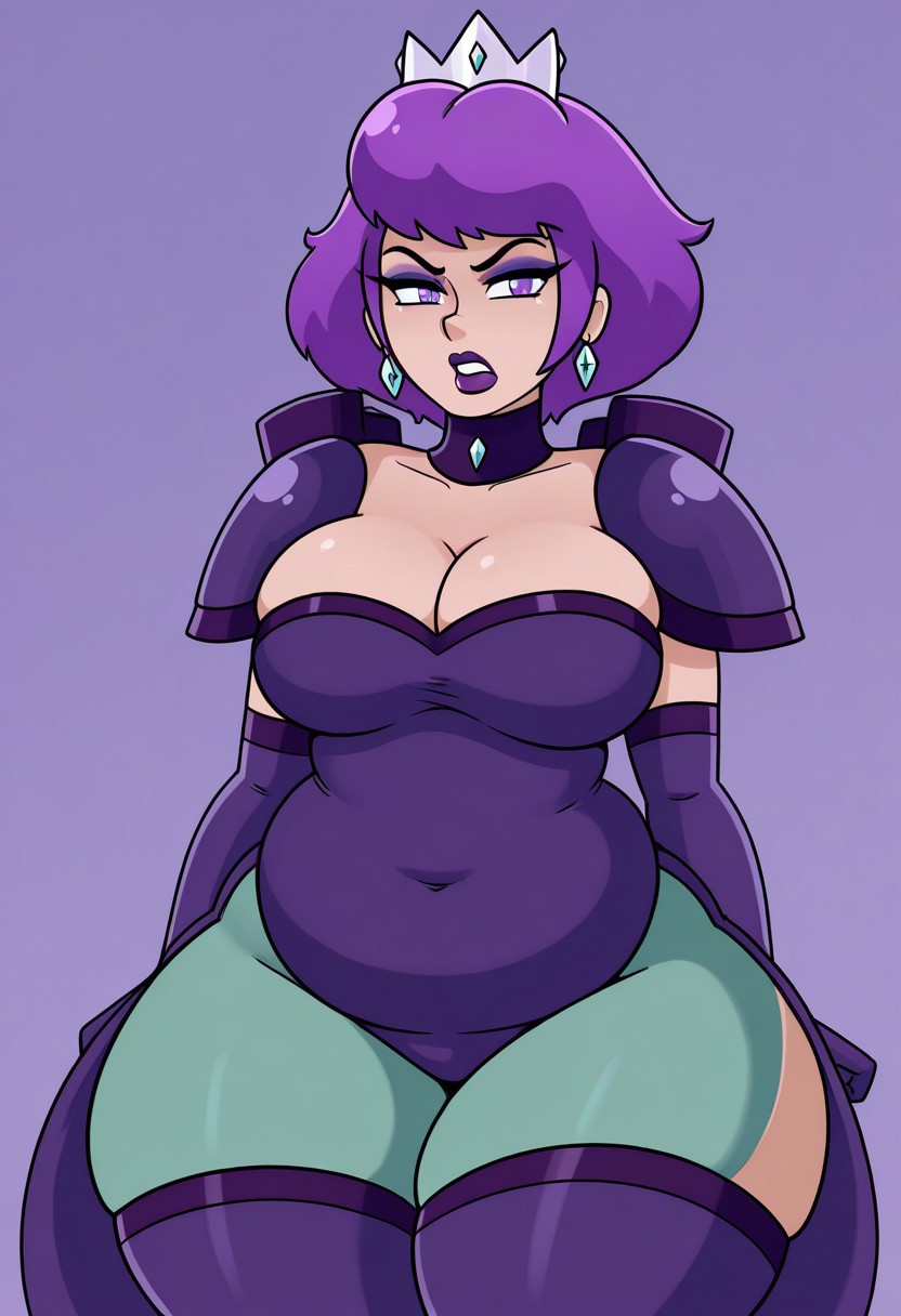 purple eyes, purple lips makeup,solo,  short hair, purple hair,   ,  lipstick
shoulder armor, crown, jewelry,earrings,cleavage , elbow gloves,dress,,,green pants
 breasts, thighs, thick thighs, thighhighs,chubby,,large breasts,
front view