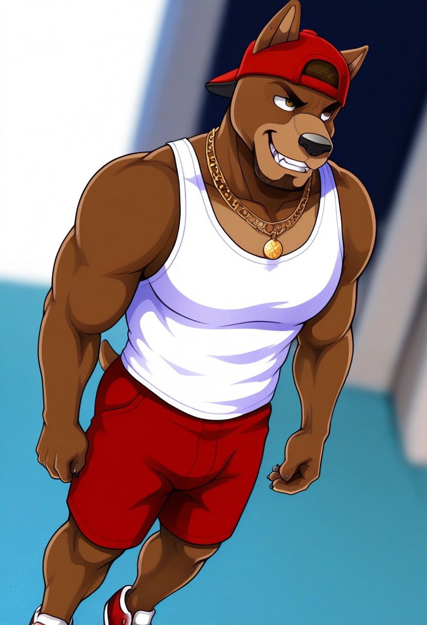 <lora:FletcherV1:1>, fletcher, dog boy, pitbull, brown fur, short hair, facial hair, tail, brown eyes, perfecteyes, muscular male, bara, athletic build, long torso, furry male, furry, 1boy, solo, beautiful, hyper-detailed, highres, depth of field, very aesthetic, vibrant colors, high sharpness, soft shading, dynamic angle, cinematic lighting, detailed background, white tank top, red shorts, backward red baseball cap, gold jewelry, necklace, full body, sneakers, feet out of frame, grin, fangs, cross arms, from above