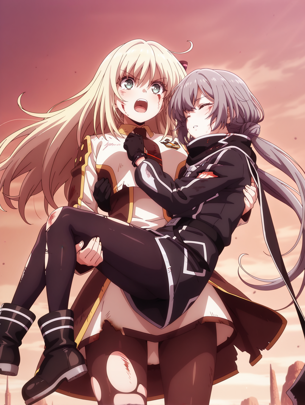 tv style, anime coloring, 2girls, from below, princess carry, open mouth, torn clothes, injury, closed eyes, low twintails, teeth, blood, blood on face, sky striker ace - raye, ordinary uniform, brown hair ornament, white cropped jacket, brown waist cape, white collared dress, brown necktie, sky striker ace - roze, black scarf, black military uniform, black gloves, black pantyhose, black boots,
masterpiece,best quality,amazing quality,very aesthetic,absurdres,newest,<lora:Sky striker ace - Raye & Roze illusXL v1.1:0.71>,