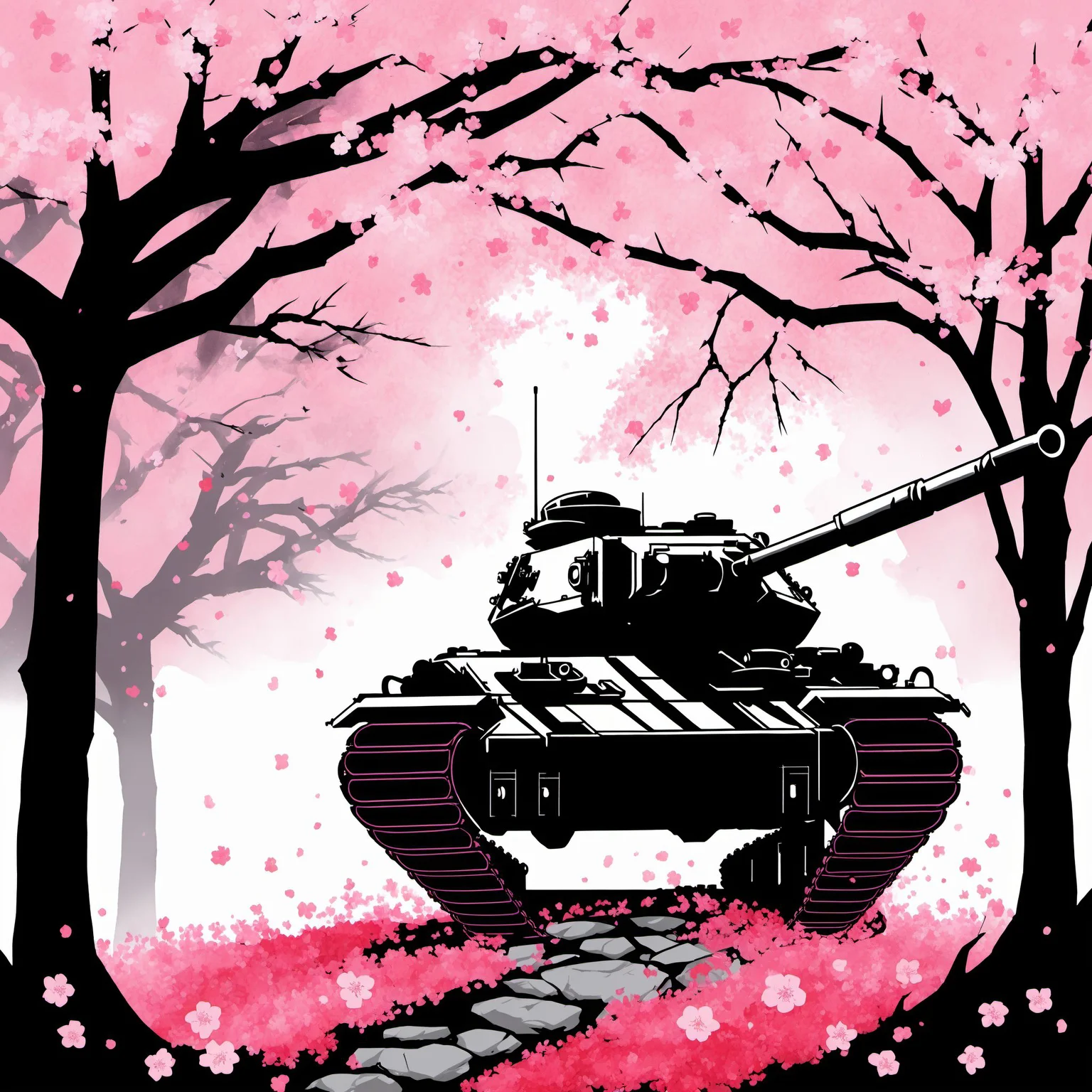 <lora:[XL]Tshirt_design:1>Tanks under the cherry trees