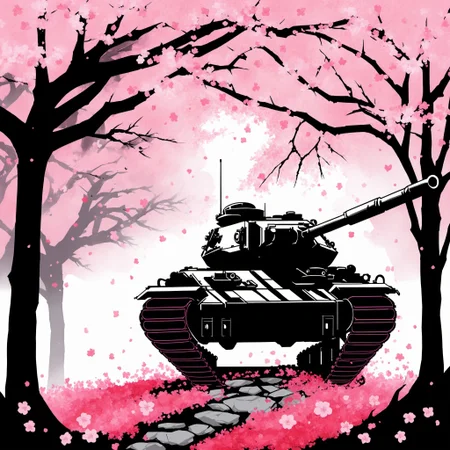 <lora:[XL]Tshirt_design:1>Tanks under the cherry trees