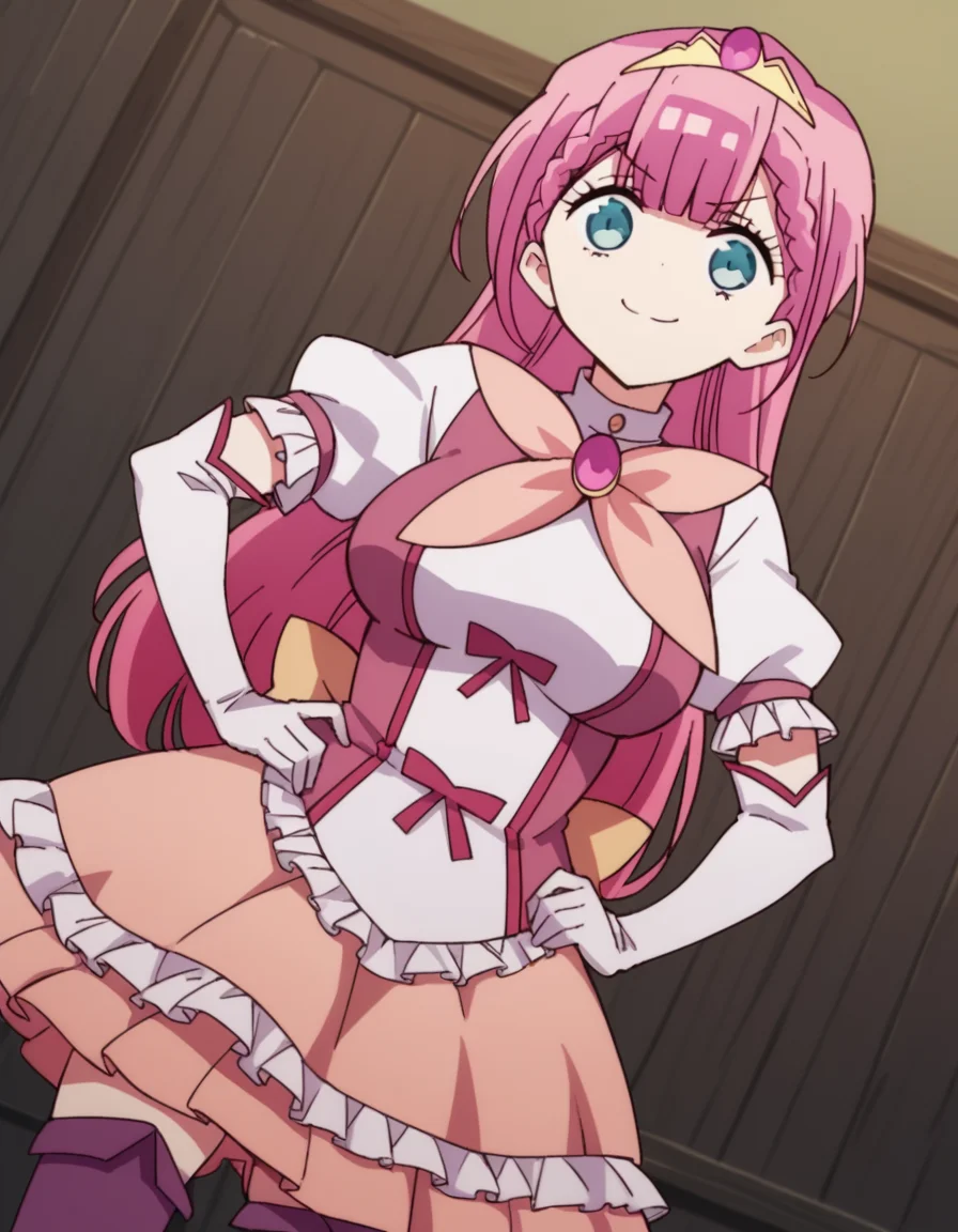 score_9, score_8_up, score_7_up, source_anime, <lora:mafuyu-kirisu-s2-ponyxl-lora-nochekaiser:1>, mafuyu kirisu, blue eyes, braid, long hair, twin braids, pink hair, large breasts,, boots, center frills, dress, elbow gloves, frilled skirt, frills, gloves, magical girl, pink skirt, puffy short sleeves, puffy sleeves, purple thighhighs, short sleeves, skirt, thigh boots, thighhighs, tiara, white gloves,, indoors, smug, smile, looking at viewer, solo, hands on hips,, cowboy shot, dutch angle