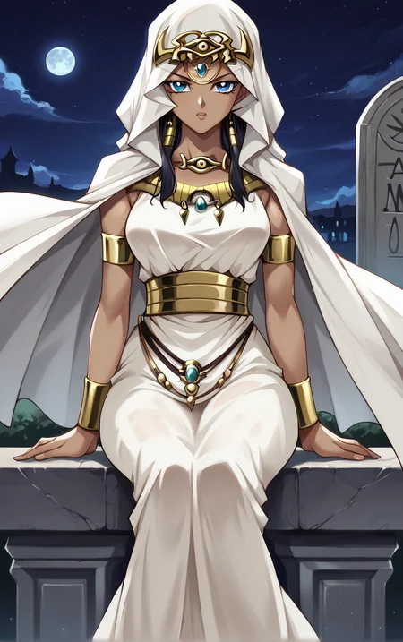 score_9, score_8_up, score_7_up, BREAK
ANIME_YuGiOh_IshizuIshtar_ownwaifu,
1girl, black hair, blue eyes, breasts, dark-skinned female, forehead jewel, hair tubes, hood, jewelry, dark skin, necklace, long hair, armlet, hood up, bracelet, collarbone, ankh, headdress, earrings, gem, bracer, circlet, lips, anklet, makeup, medium breasts,
long dress, white dress, egyptian clothes, eye of horus, gold, gold belt, cape, veil, dress, white cape, hooded cloak, belt,
(sitting, full moon), graveyard, grave, tombstone, moonlight, <lora:PONYXL_YuGiOh_IshizuIshtar_ownwaifu:0.8> , depth of field, solo,