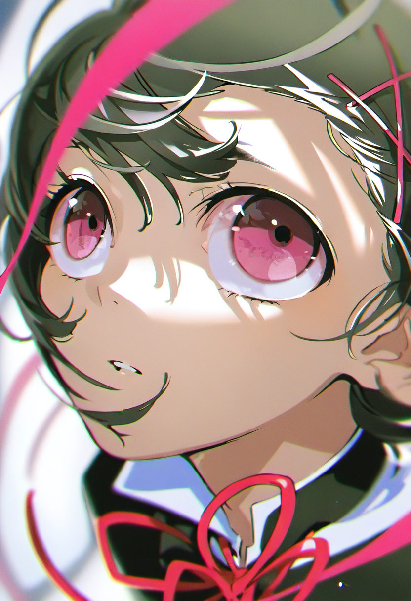 1girl, solo, hair ornament, hairclip, ribbon, red ribbon, neck ribbon, blurry, pink eyes, bangs, looking at viewer, portrait, looking up, short hair <lora:yoneyamaiXL_NBVP1_lokr_V6311P:0.95>
