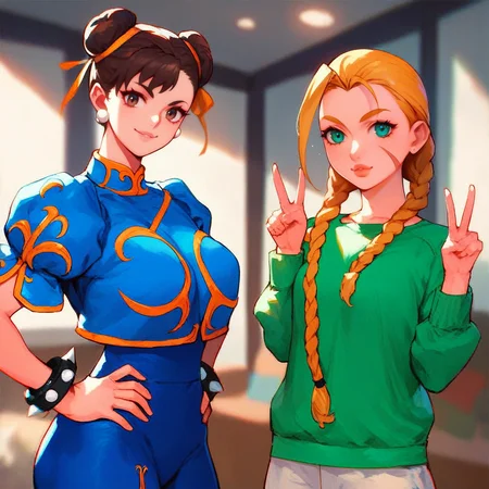 score_9, score_8_up, score_7_up,source_anime,2 Girls,standing,cowboy shot,indoors,looking at viewer,casual clothes,
BREAK Chun-li,blue clothes,hair buns,brown hair,brown eyes,hands on hip,spiked cuffs,smiling
BREAK Cammy,green clothes,braided pigtails,blonde,green eyes,pucker lips,double peace sign
