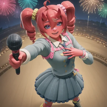 highly detailed, (from above, pointing at viewer, pov, upper body:1.3), (singing on stage, concert hall, night, fireworks, holding microphone, detailed background, hand on own chest, singing:1.5), (fortnite_nemia:1.6), 1girl, solo, green hair, twintails, ponytail, long hair, bangs, hair between eyes, hair over one eye, ears, horns, oni horns, single horn, red skin, pink skin, blue eyes, parted lips, bandaid, bandaid on nose, bandaid on thighs, colored skin, hair ornament, hairclip, scrunchie, kasane teto, boots, bow, buttons, cross-laced footwear, double-breasted, drill hair, frilled skirt, frills, grey jacket, grey skirt, hair bow, jacket, lace-up boots, layered skirt, long sleeves, multicolored hair, red hair, red nails, shirt, skirt, sleeve cuffs, smile, twin drills, white bow, white hair, <lora:Fortnite_Nemia_Demonically_Cute_Set_ILXL_E29_16_DIM:1>