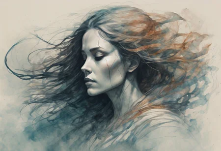 Wind Whisperer woman, controlling air currents, floating gracefully. megalithic structures. muted in color with subtle tones and is an intense fusion of raw emotion and visceral imagery style.