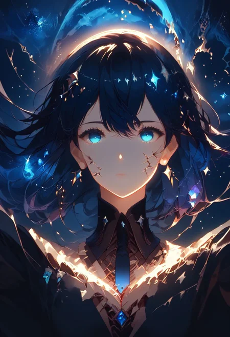 score_9, score_8_up, score_7_up, source_anime, portrait,
Nyx, Goddess of Night, crystal hair, looking at viewer, starry sky, gem, broken, damaged, dark theme, low light, xenotr1p, Expressiveh, g0thicPXL, glowing,