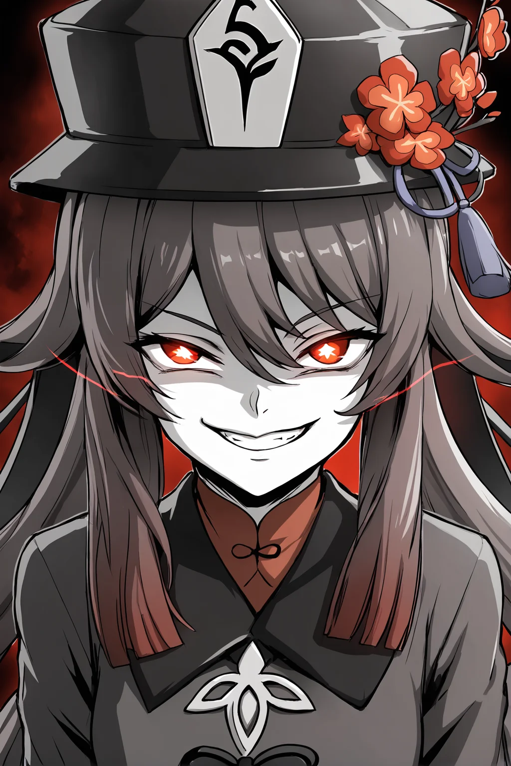 score_9,
<lora:ebiblue_v1_lite:1>,
evil grin, hu tao \(genshin impact\), looking at viewer, close up, black background, red aura, glowing eyes, hat,
monochrome, spot color,
source_anime,
high resolution, Masterpiece