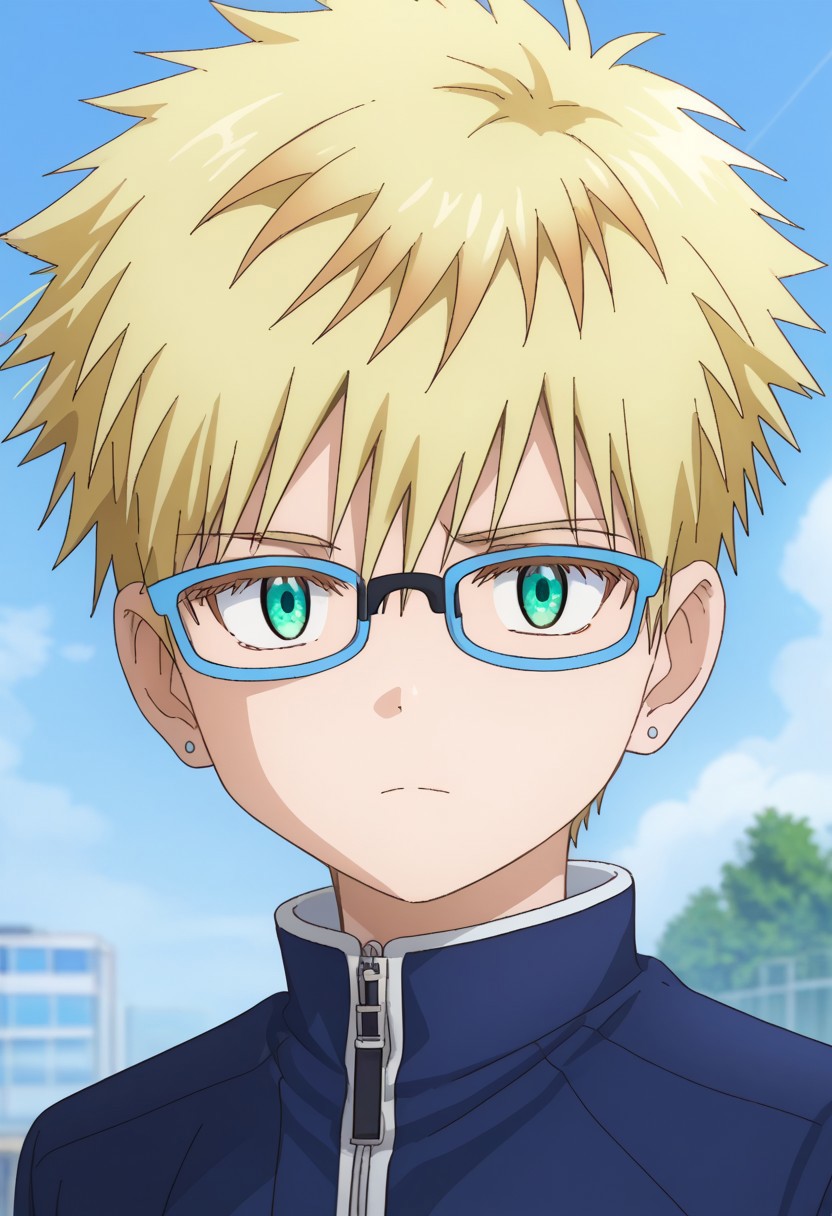 score_9, score_7_up, source_anime
RiohSonidori, 1boy, male focus, solo, green eyes, glasses, blonde hair, jewelry, earrings, jacket, blue jacket, zipper, upper body, looking at viewer,
outdoor, sky