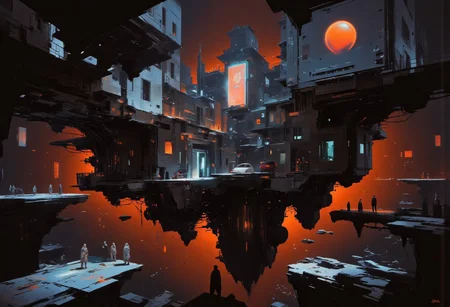 Art by Alejandro Burdisio, Floating Chaos, buildings, cars, people, nothing obeys gravity anymore. They hover, weightless, like forgotten memories. gantz-advancedsuit, osaka \(city\), doutonbori, midnight, neon sign, gantz advanced suit, orange sphere in background, highly detailed, high budget, cinemascope, moody, epic, gorgeous, film grain, grainy, Jagged rips in space-time, pulsating with the sickly glow of neon orange, electric blue, or radioactive green, synthetic mist, hiding secrets, silhouettes, and the occasional ghost of the old world. pscho_4rt, surreal, abstract, glitch effects