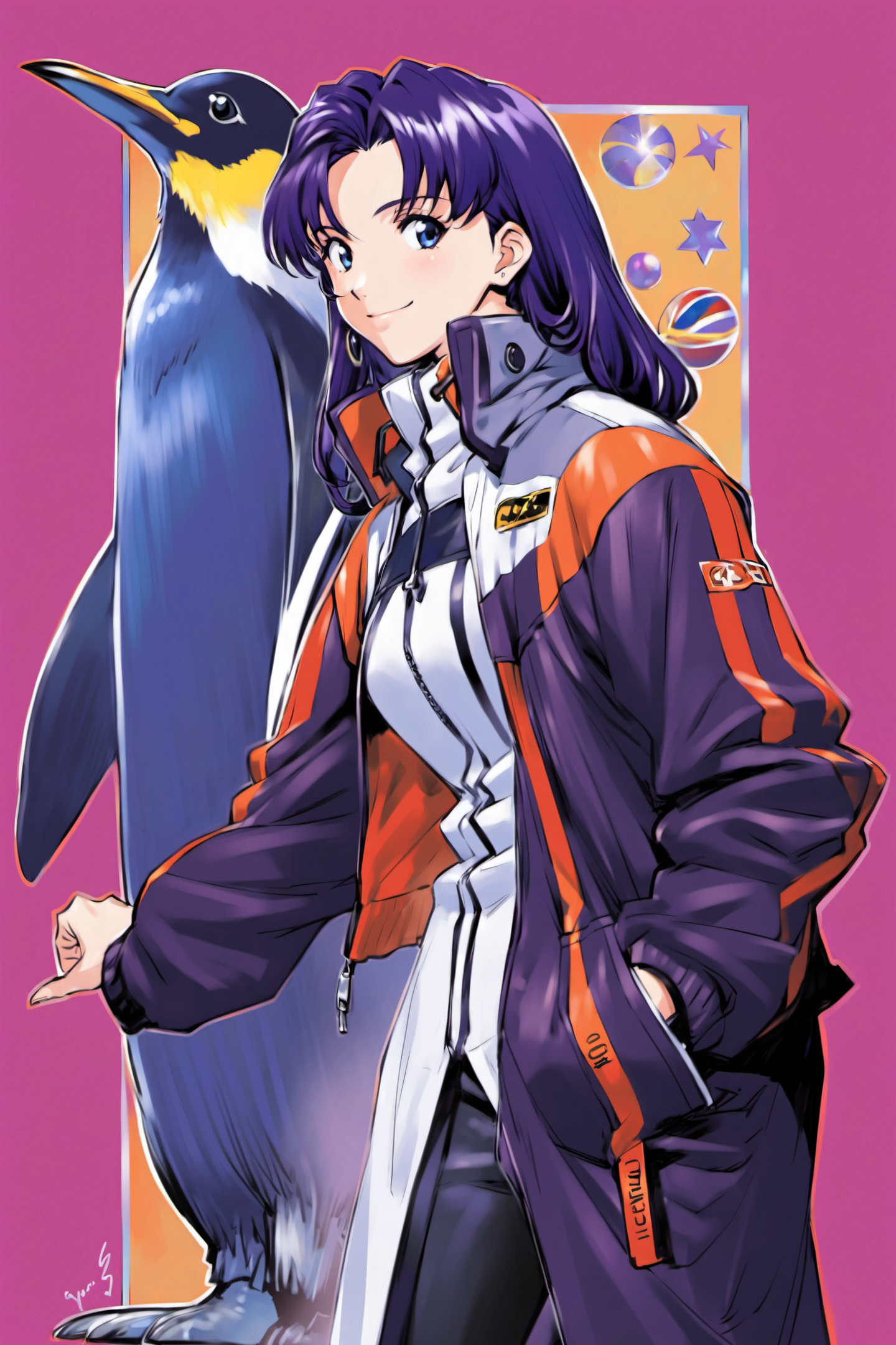 katsuragi misato,1girl, solo, penguin, smile,purple hair, blue eyes, jacket, jewelry, standing, long hair, <lora:Sadamoto Yoshiyuki_XL_V2:0.8>