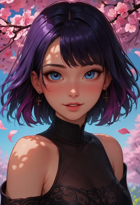 score_9_up, score_8_up, score_7_up, score_6_up, 1girl, 25 years old, perfect face, cute, petite, 
three quarter view, detailed face, portrait, face focus, depth of field, looking at viewer, blush, shy smile, close up, 
blue eyes, 
multicolored hair, two-tone hair, black purple hair, cone hair bun, earings, 
asian dress, brown dress, black dress, off shoulder, turtleneck, red bow, 
cowboy shot, dynamic pose, dynamic angle, 
day, blue sky, cherry blossoms, falling petals, outdoors, spring (season), wind,