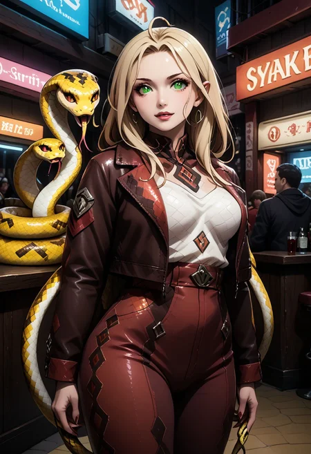 (snake_hybrid:2.3), score_9, score_8_up, score_7_up , 1girl, solo, long hair, pink hair ribbon, cowboy shot, nightclub, neon lights, bokeh, depth of field, blush, happy, makeup, open leather jacket, red leather high waist pants, signora, Robina, long hair, hair between eyes, green eyes, pointy ears, elf, blonde hair, ahoge, Cyberpunk, pg rating.