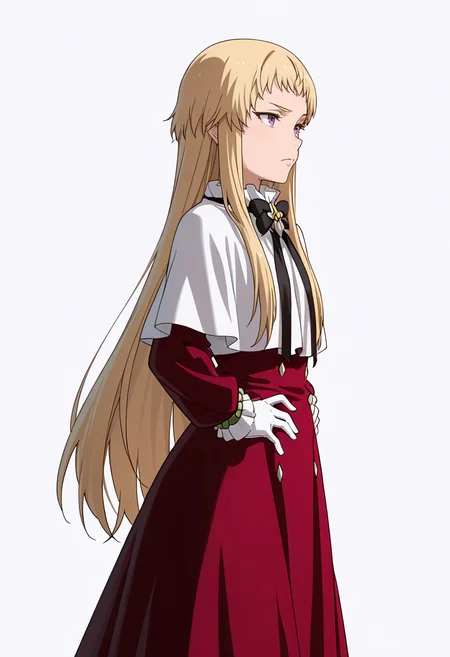 Smooth Quality,masterpiece,very intricate, high quality details, ultra realistic, high detailed skin,detailed enviorement,absurdres,
simple background, white background,solo,
standing, hands on hips, feet apart, determined, looking forward,  ,from side,torogao,
 <lora:Mariabell_Rosso_cnn:0.8> maricnn,1girl, long hair, blonde hair, purple eyes, frown, very long hair,red dress, long sleeves,white capelet,black bowtie,white gloves,